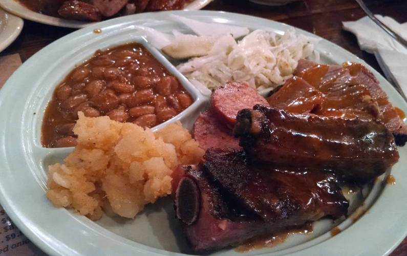 Salt Lick BBQ Plate of Ribs, Beans, Slaw and Sausage