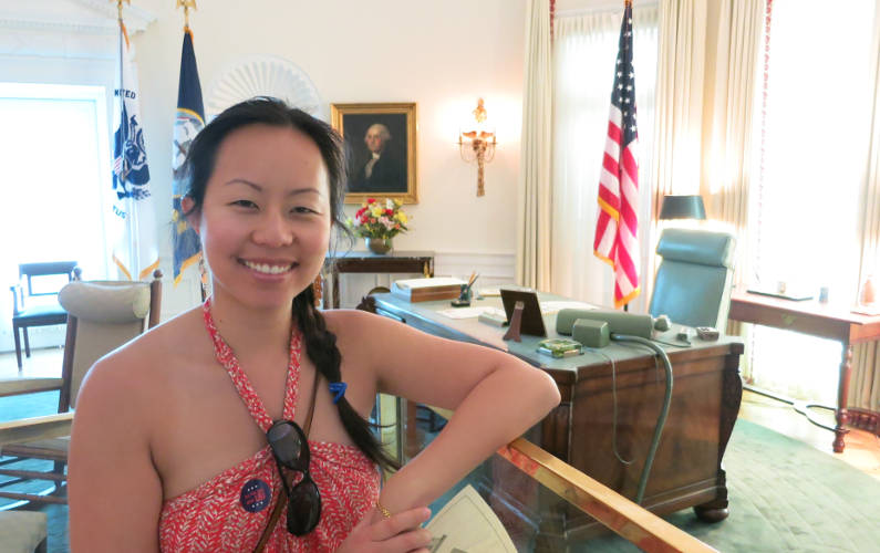 Nadia at a Oval Office Replica at the Lyndon B Johnson Presidential Library