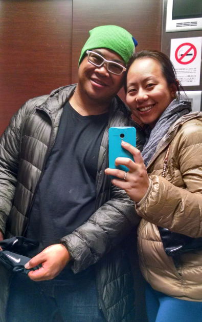 Nadia and JM Taking a Selfie in the Elevator at Capsule Ryokan Kyoto