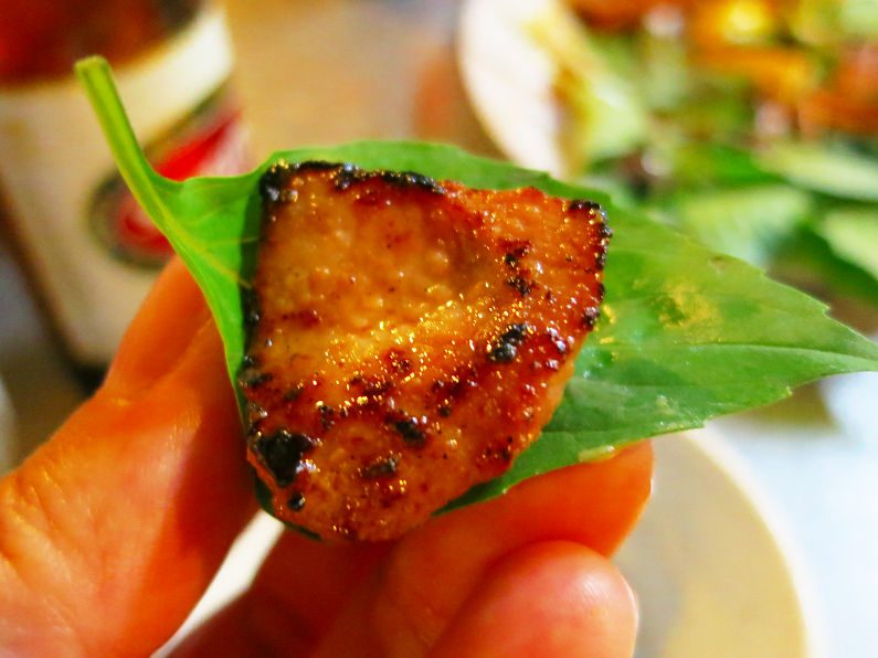 Close Up of Vegetable Wrapped Grilled Meat During XO Tours Saigon