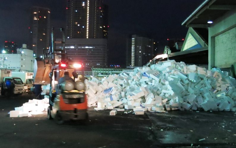 Mountain of Styrofoam Containers Tsukiji Market Tuna Auction Tokyo Japan 04