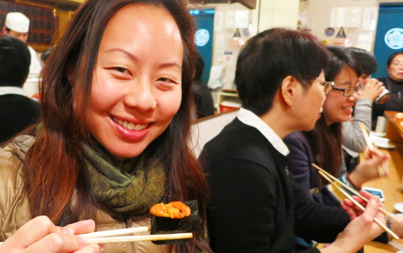 Nadia Eating Uni Sushi Dai Tokyo Japan 02